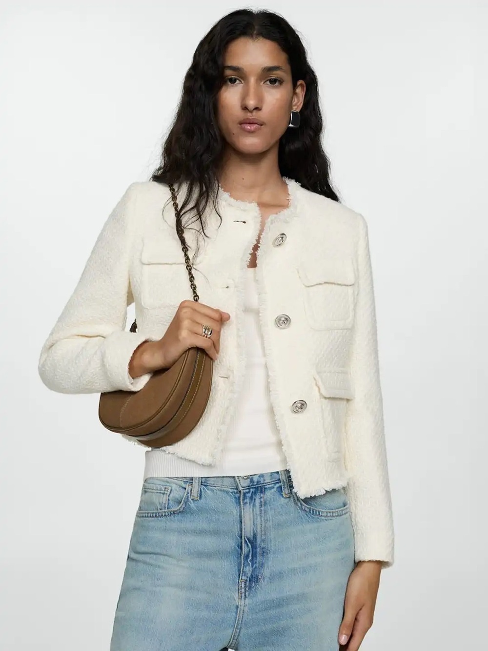 Mango Cream tweed Bouclé Pocket Blazer